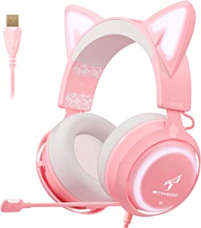 Photo 1 of Pink Gaming Headset, EASARS Cat Ear Headset, USB Headset with Retractable Mic, 7.1 Surround Sound, RGB Lights Headset for PC, PS4, PS5
