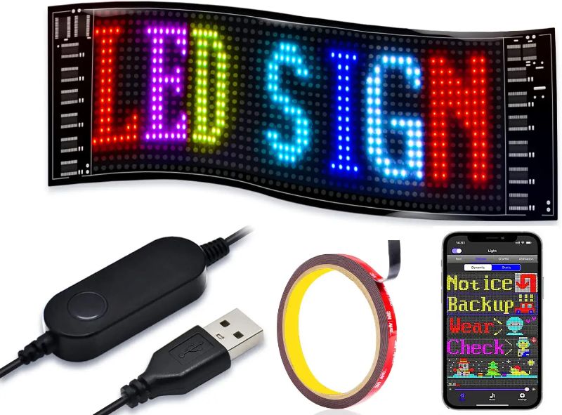 Photo 1 of GOTUS LED Sign for Car,Scrolling LED Sign,Flexible LED RGB Color Sign,14.7FT Cable,Bluetooth APP,DIY Design Animations,Text, Graffiti (14.6''x3.6'')
