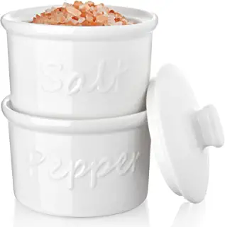 Photo 1 of ALELION Salt and Pepper Bowls, 9 Ounce Ceramic Salt and Pepper Cellar with Lid for Home Kitchen, Stackable Salt Cellar for Table Salt, Set of 2 Salt Container, Christmas Gift Ideas, White
