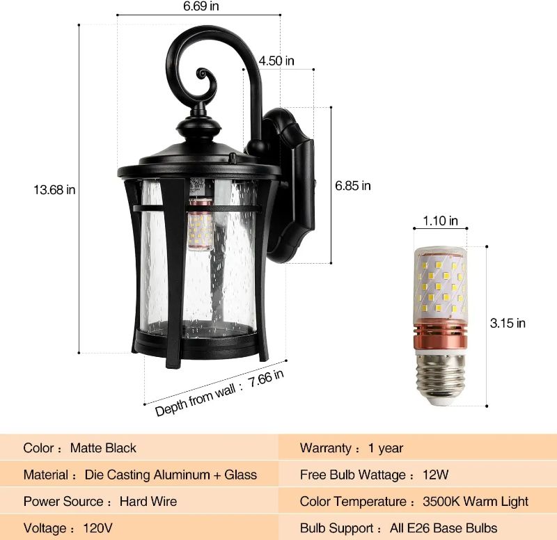 Photo 2 of Exterior Light Fixture Wall Mount 13.68" H Outdoor Porch Light for House, with Clear Seeded Glass Shade, Anti-Rust Aluminum Wall Lantern Waterproof Outside Wall Sconces for Garage, Doorway
