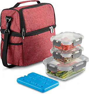 Photo 1 of 8-Piece Insulated Lunch Box Set - Insulated Lunch Bag for Women Men - 6-pc Glass Food Container Set, 3 Glass Containers Leakproof Locking Lids & Ice Pack - 2-Compartment Cooler Tote for Office Work
