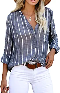 Photo 1 of Astylish Womens V Neck Striped Roll up Sleeve Button Down Blouses Top LARGE
