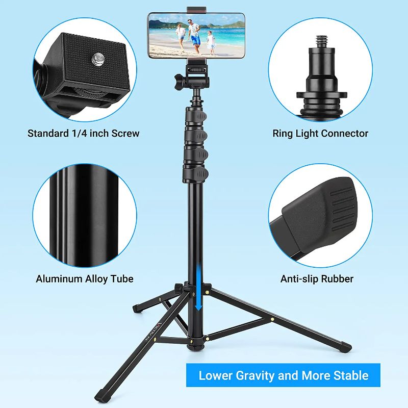 Photo 1 of 67'' Phone Tripod Stand with Remote, Extendable Cell Phone Tripod with Phone Holder for Vlogging/Recording, Compatible with iPhone/Android/Cameras/GoPro (DIRT ON ITEM)
