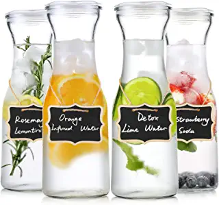 Photo 1 of 4 Pack Glass Carafes with Acrylic Lids, 35 Oz Water Pitcher Juice Container for Brunch, Mimosa Bar, Beverage, Wine, Iced Tea, Lemonade - 4 Wooden Chalkboard Tags
