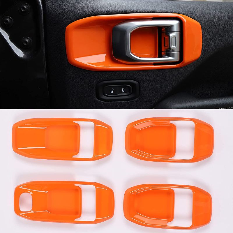 Photo 1 of 4PCS Car Interior Door Handle Bowl Cover Trim Frame for 2018-2021 Jeep Wrangler JL JLU & Gladiator JT 4-Door (Orange)
