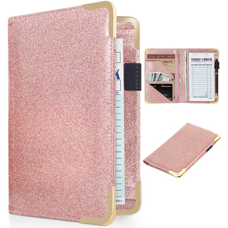Photo 1 of CoBak Server Book - Waitress Book Organizer with Zipper Pouch for Restaurant Waitstaff, 5 Large Pockets with Pen Holder,Pink Glitter. --- FACTORY SEALED ---
