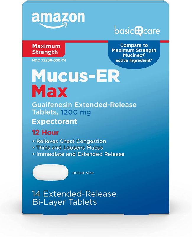 Photo 1 of Amazon Basic Care Maximum Strength Chest Congestion and Mucus Relief, Guaifenesin Extended-Release Tablets, 1200 mg, 14 Count BEST BY -10/2022
