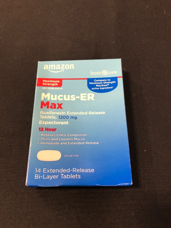 Photo 2 of Amazon Basic Care Maximum Strength Chest Congestion and Mucus Relief, Guaifenesin Extended-Release Tablets, 1200 mg, 14 Count BEST BY -10/2022
