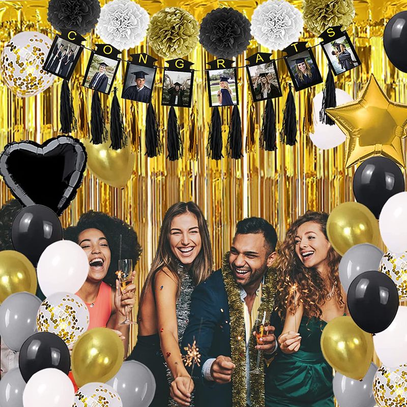 Photo 1 of 2022 Graduation Party Decorations Class, Decor Included Gold Curtains, Congrats Photo Frame Banner, Balloons, Tassel, Complete Party Set for Adults College High School Junior Senior Grade
