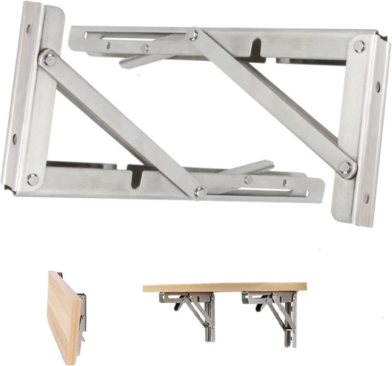 Photo 1 of 14 inch Folding Shelf Brackets, POZEAN Wall Shelf Brackets 2 Pack, Heavy Duty Stainless Steel DIY Brackets, Triangle Collapsible Shelf Bracket for for Folding Wall Tables, Space Saving DIY Bracket
