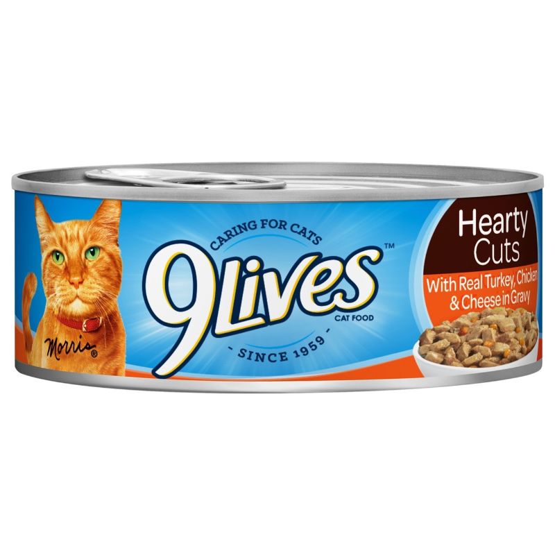 Photo 1 of 9 Lives Hearty Cuts with Real Turkey, Chicken & Cheese in Gravy Canned Cat Food, 5.5-oz, Case of 24
exp dec 13 2023