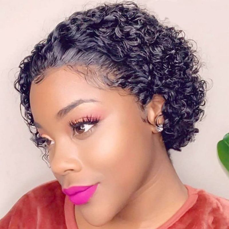 Photo 1 of BAINUO HAIR Short Curly Human Hair Wigs 13x1 Lace Front Wigs Human Hair Wigs for Black Women Pixie Cut Curly Wig Pre Plucked 150% Density Natural Black 8 inches
