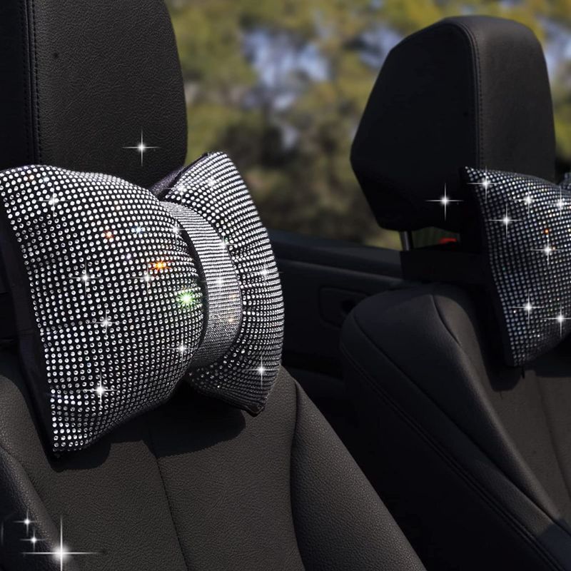 Photo 1 of 2 PCS Car Bling Pillow, Rhinestones Bowknot Bling Headrest Pillow, Car Neck Pillow for Driver Cool Relax Necksupport, Crystal Rhinestone Diamond Car Accessories for Women
