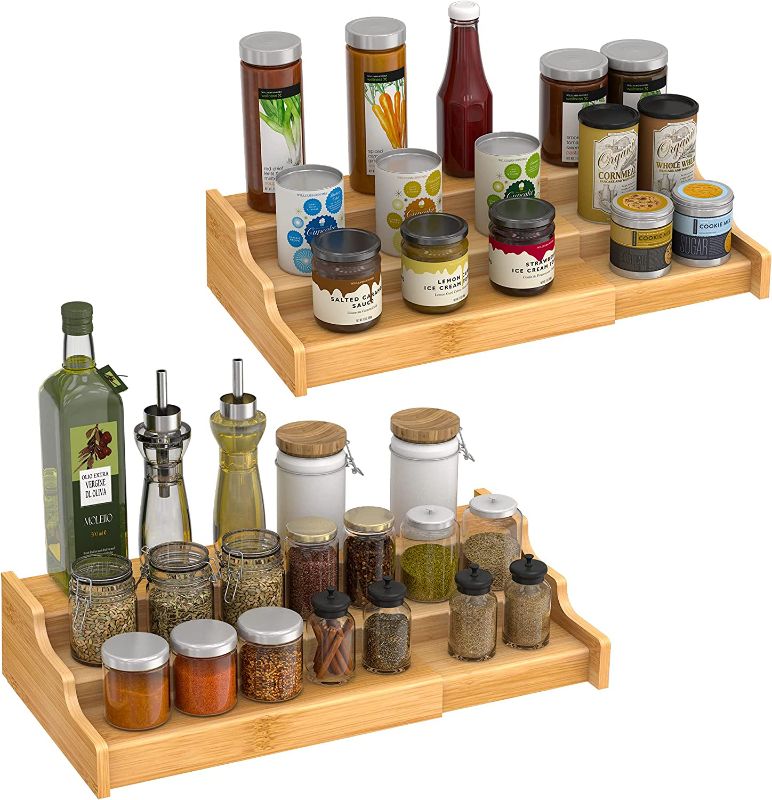 Photo 1 of 2PCS 3 Tier Expandable Bamboo Spice Rack Seasoning Organizer for Cabinet Pantry Countertop Kitchen Step Shelf
