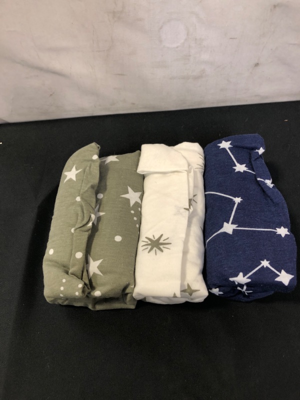 Photo 2 of GROW WILD Pack n Play Stretchy Fitted Sheet Set | 3-Pack Portable Mini Crib Sheets, Convertible Playard Mattress Cover, Pack and Play Sheets, Ultra Soft Material, Blue White Gray Stars Constellations
