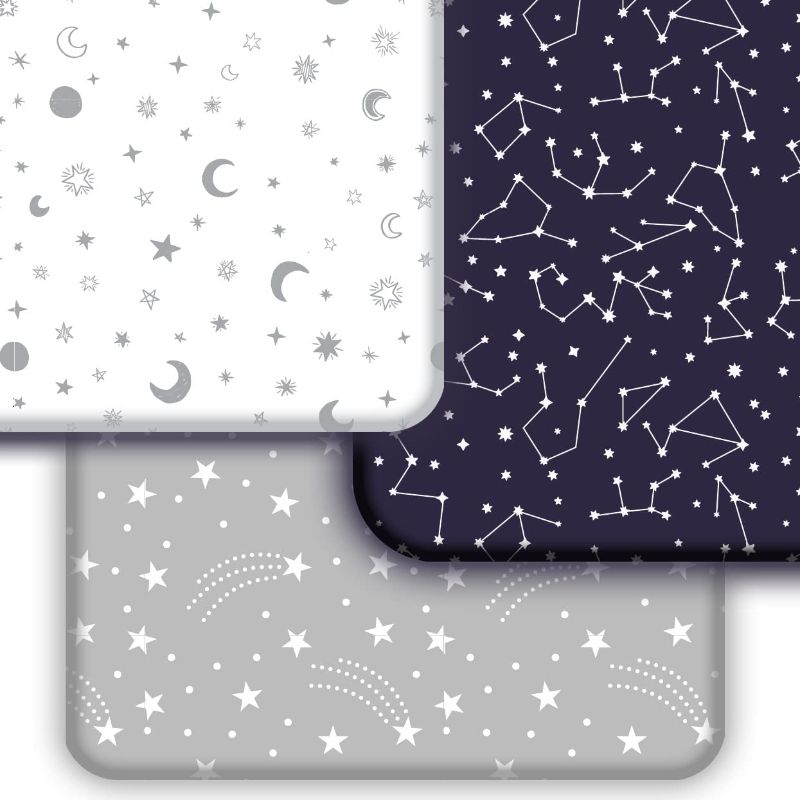 Photo 1 of GROW WILD Pack n Play Stretchy Fitted Sheet Set | 3-Pack Portable Mini Crib Sheets, Convertible Playard Mattress Cover, Pack and Play Sheets, Ultra Soft Material, Blue White Gray Stars Constellations
