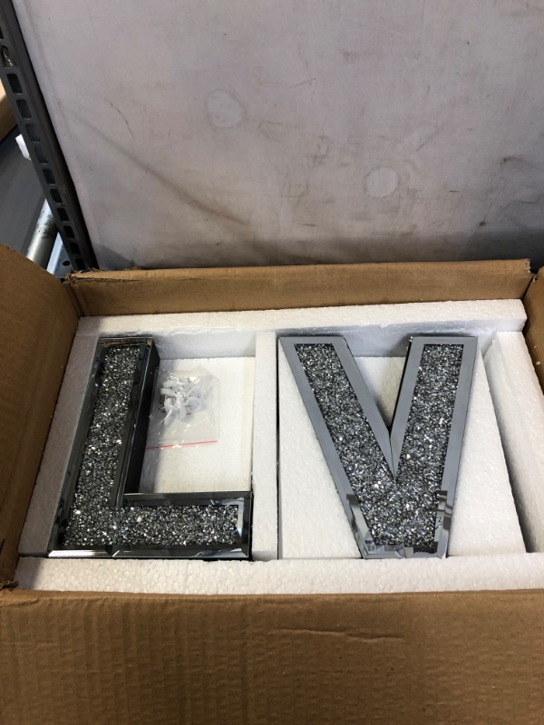 Photo 2 of 4 pcs Independent Letters Love.Glam Crystal Diamond Letters.Silver Mirror Glass Home Decoration for Wall, Fireplace, Bookshelf and Table.
(MINOR DAMAGE)