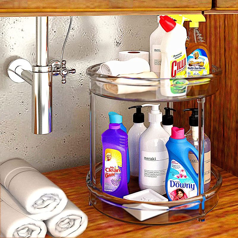 Photo 1 of Acrylic Lazy Susan Organizer, 2 Tier Turntable for Cabinet,10.5 Inch Cleaning Supplies Organizer for Fridge Bathroom Sink Under and Storage Cabinets Kitchen Easy to Install or Separate
