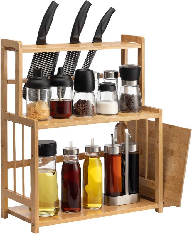 Photo 1 of AbocoFur 3-Tier Bamboo Spice Rack, Countertop Standing Storage Holder for Kitchen and Bathroom, Adjustable Spice Shelf with Knife and Cutting Board Holder, Cabinet Spice Bottles and Jars Organizer