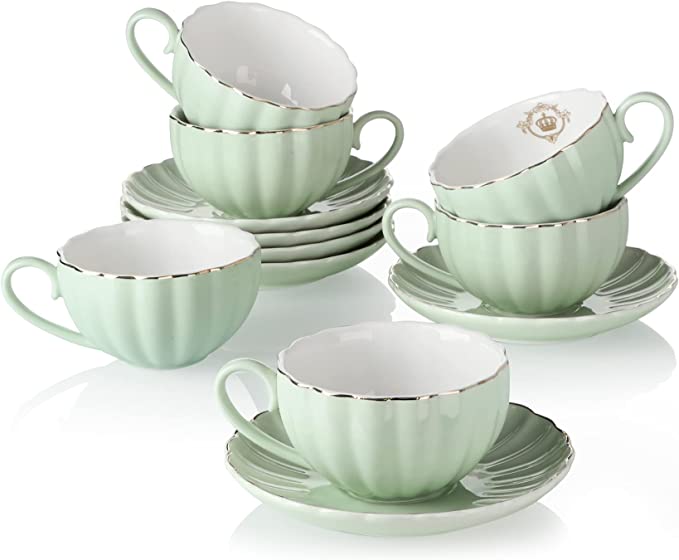 Photo 1 of Amazingware Royal Tea Cups and Saucers, with Gold Trim and Gift Box, British Coffee Cups, Porcelain Tea Set, Set of 6 (8 oz)- Mint Green
