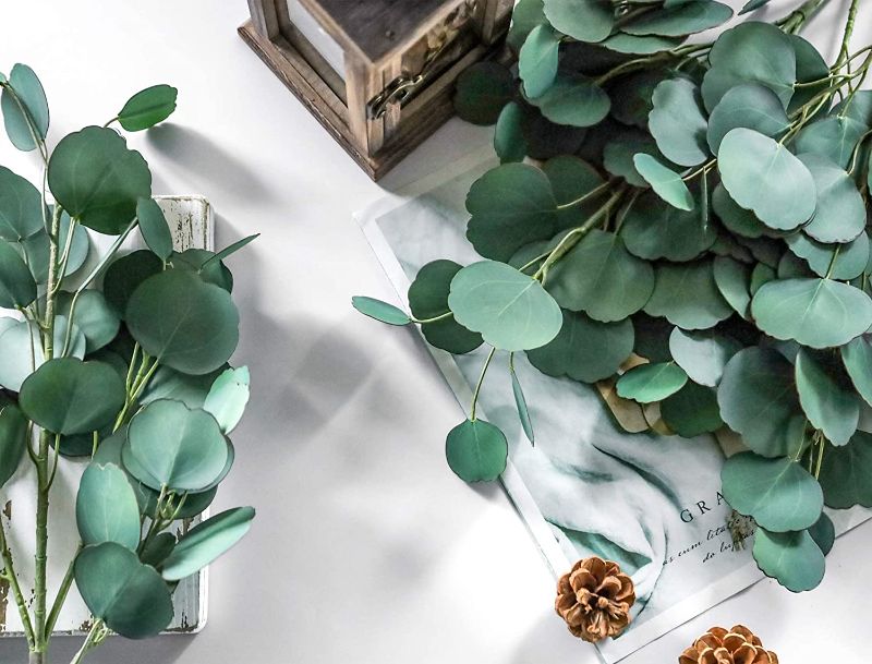 Photo 1 of 144 Pieces Eucalyptus Leaves Faux Eucalyptus Stems Real Touch Greenery Branches for Vase Home Party Wedding Decoration