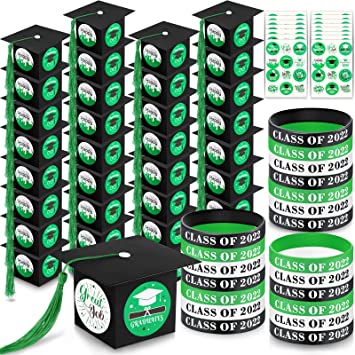 Photo 1 of 48 Graduation Cap Gift Boxes and 48 Class of 2022 Silicone Wristbands Bracelets,Graduation Party Favor Candy Boxes with Stickers, 2022 Graduation Decorations Grad Party BLACK GREEN 