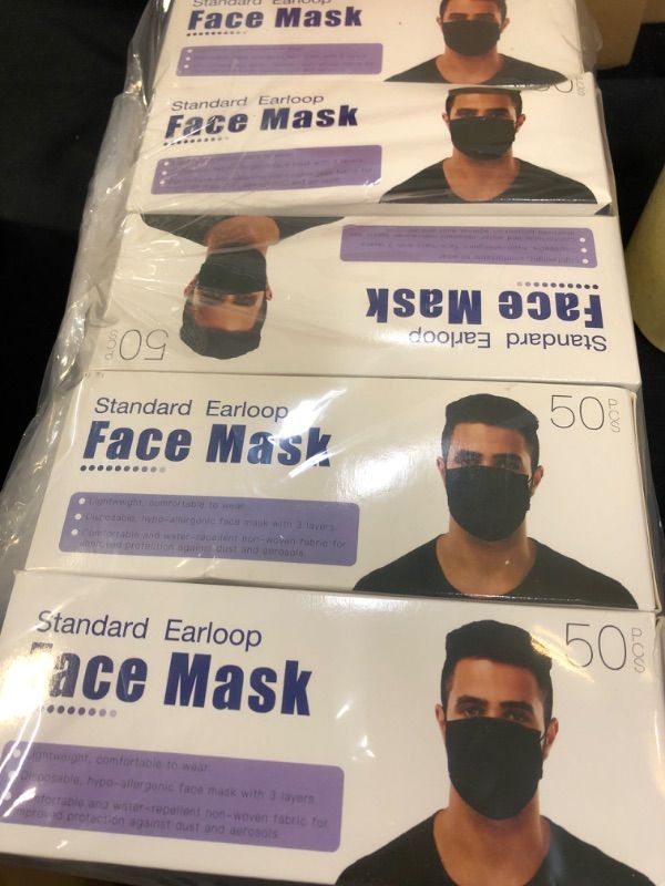 Photo 2 of 50 PCS Black Disposable Face Masks 3-Ply Filter Earloop Mouth Cover, Face Mask (5 boxes total 250 mask)