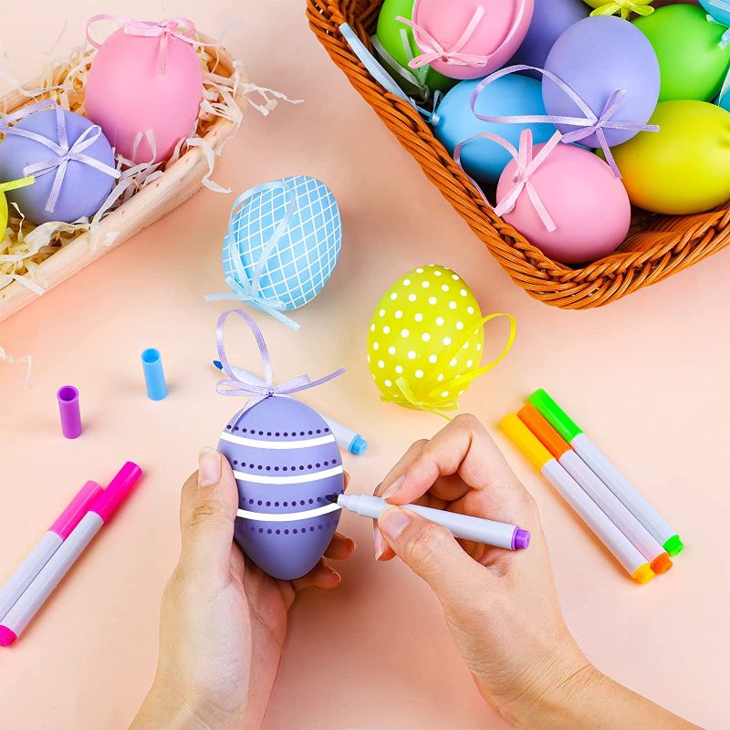 Photo 2 of Fovths 36 Pieces Easter Eggs Plastic Paint Kit, Multicolor Paintable Hanging DIY Plastic Egg Decoration Hang Ornaments Arts and Crafts Painting Gift for Easter Home Office Party Supplies, 6 x 4 cm