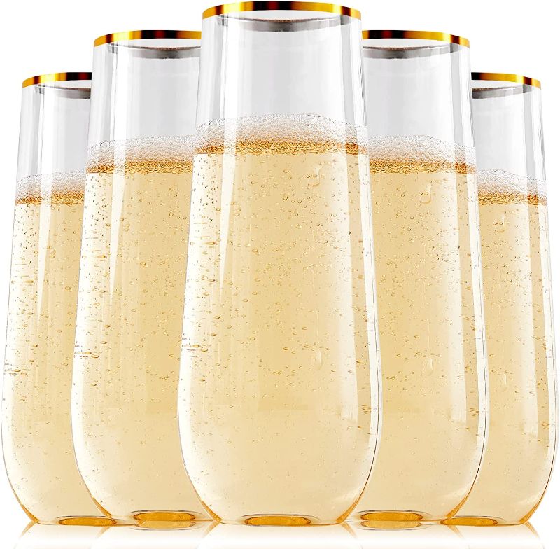 Photo 1 of 24 Pack 9 Oz Plastic Champagne Flutes | Stemless Plastic Champagne Glasses Gold Rim, Heavy Duty Plastic Unbreakable Toasting Glasses | Shatterproof | Disposable Perfect For Wedding Or Party
