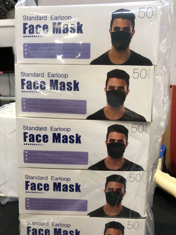 Photo 2 of 50 PCS Black Disposable Face Masks 3-Ply Filter Earloop Mouth Cover, Face Mask (5 BOXES TOTAL OF 250 MASK)