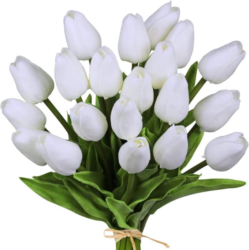 Photo 1 of 20 Pcs Artificial Tulip Flowers Real Touch PU Tulips Faux Tulip Stems in Pure White for Easter Spring Wreath Wedding Bouquets Table Centerpieces Floral Arrangement Funeral Grave Decoration 14" Tall