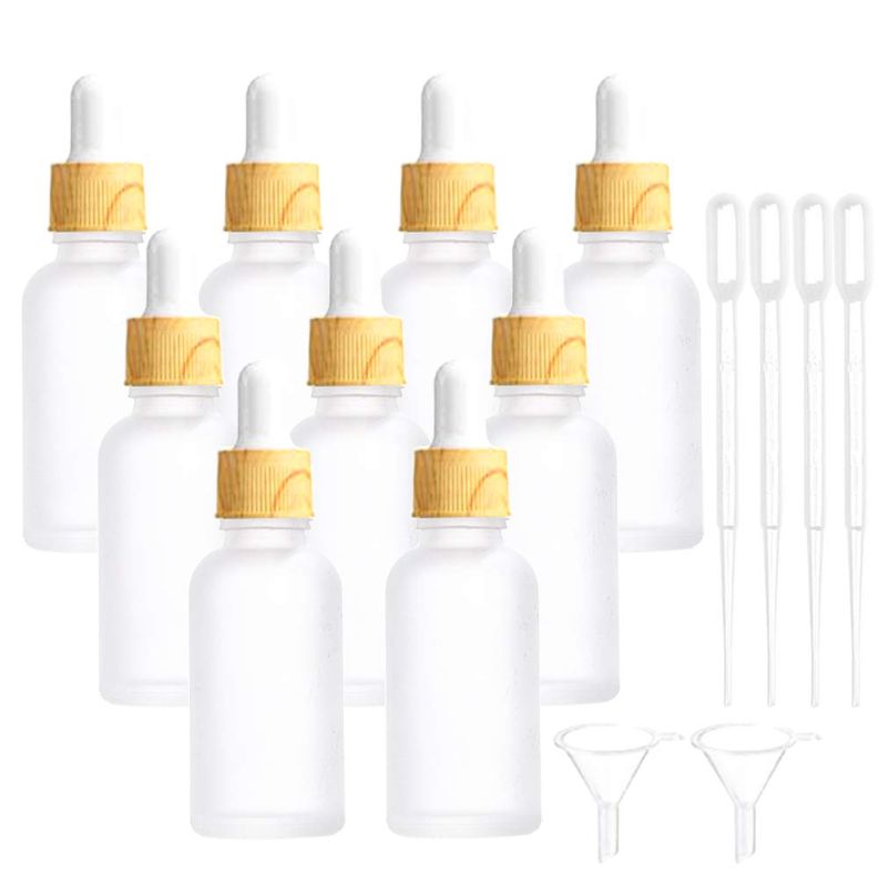 Photo 1 of 9 Pcs,1.7 Oz Frosted Glass Dropper Vials for Essential Oils,Empty Glass Liquid Bottles Holder With Glass Eye Dropper,Wood Grain Lid Travel Perfume Cosmetic Container-Pipette&Funnel Included