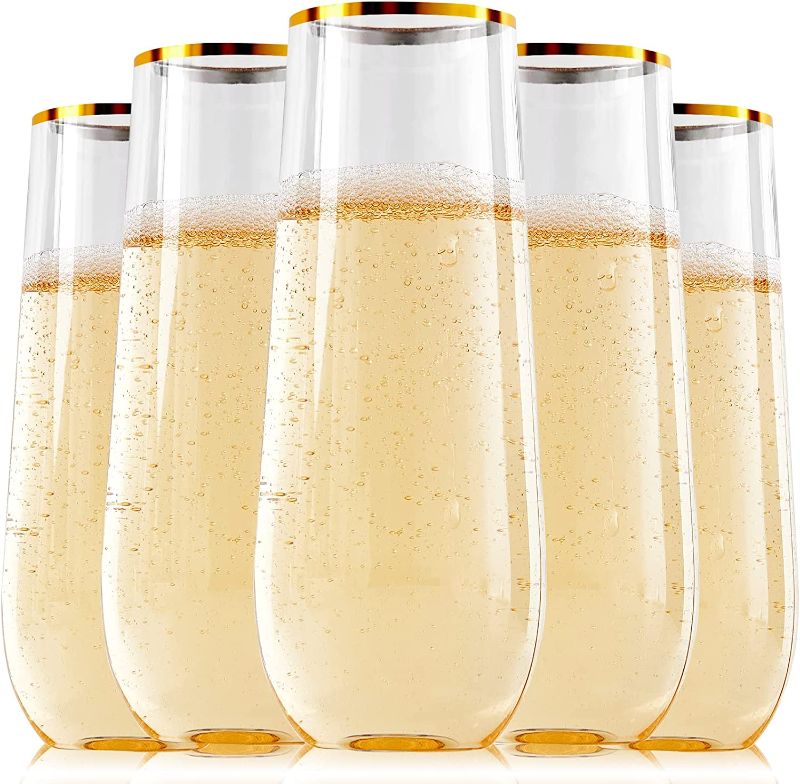 Photo 1 of  24 Pack 9 Oz Plastic Champagne Flutes | Stemless Plastic Champagne Glasses Gold Rim, Heavy Duty Plastic Unbreakable Toasting Glasses | Shatterproof | Disposable Perfect For Wedding Or Party