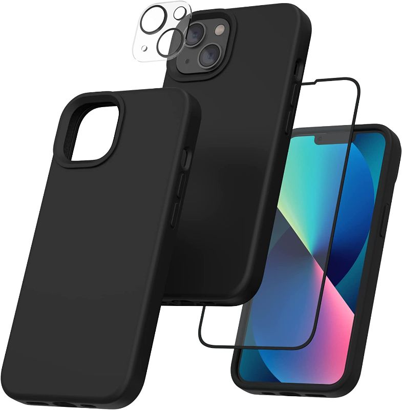 Photo 1 of POVRYE [3 in 1] Designed for iPhone 13 Case 6.1 Inch, with 1 Pack Screen Protector + 1 Pack Camera Lens Protector, Liquid Silicone Slim Shockproof Cover [Anti-Scratch] [Drop Protection], Black