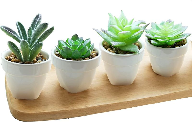 Photo 1 of Artificial Succulents in Ceramic Pots, Small Fake Faux Succulents Plants with Realistic Texture for Windowsill,Bedroom,Desk,Bathroom,Office,Home Decoration, Set of 4 (Green-1)