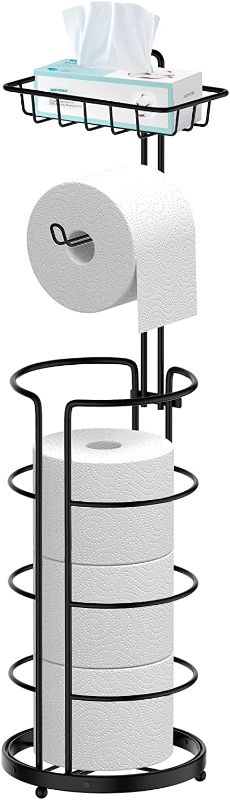 Photo 1 of Bextsrack Toilet Paper Holder Stand, Free Standing Bathroom Toilet Tissue Roll Holder and Dispenser with Storage Shelf, Black