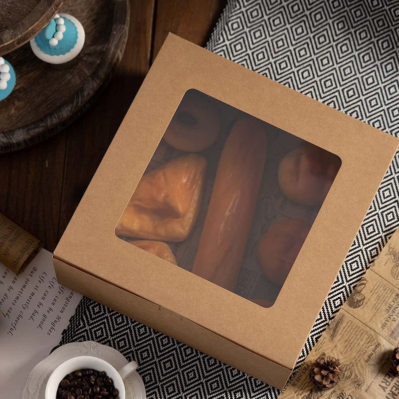 Photo 4 of YESON 10x10x5 Inches Kraft Cake Boxes/Brown Bakery Boxes with Window for Pie,Cheesecake, Cookies,Cupcakes,Pastries(10 Pack with Twine and Stickers)