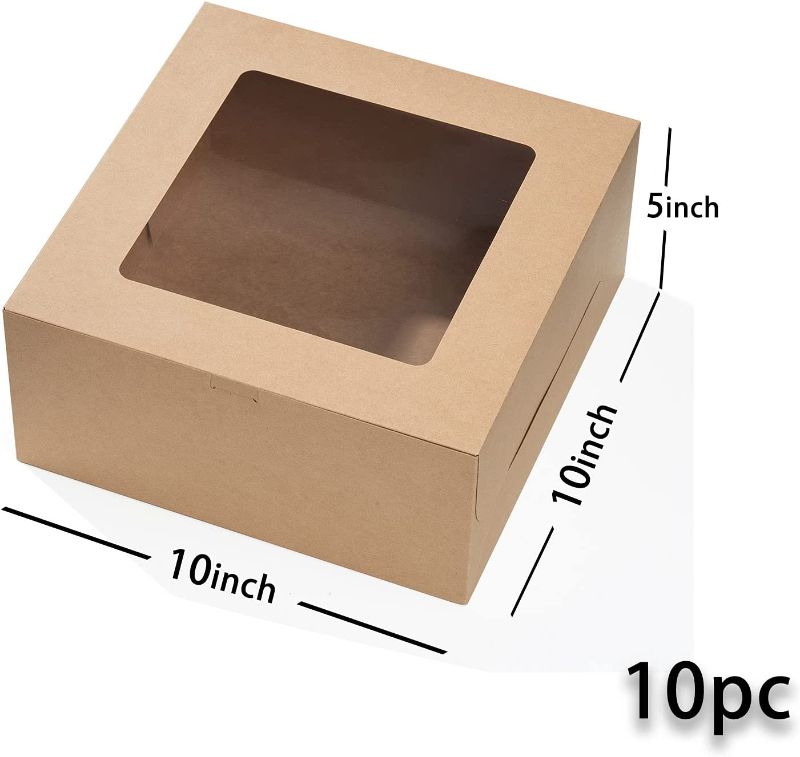Photo 2 of YESON 10x10x5 Inches Kraft Cake Boxes/Brown Bakery Boxes with Window for Pie,Cheesecake, Cookies,Cupcakes,Pastries(10 Pack with Twine and Stickers)