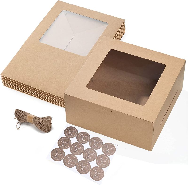 Photo 1 of YESON 10x10x5 Inches Kraft Cake Boxes/Brown Bakery Boxes with Window for Pie,Cheesecake, Cookies,Cupcakes,Pastries(10 Pack with Twine and Stickers)