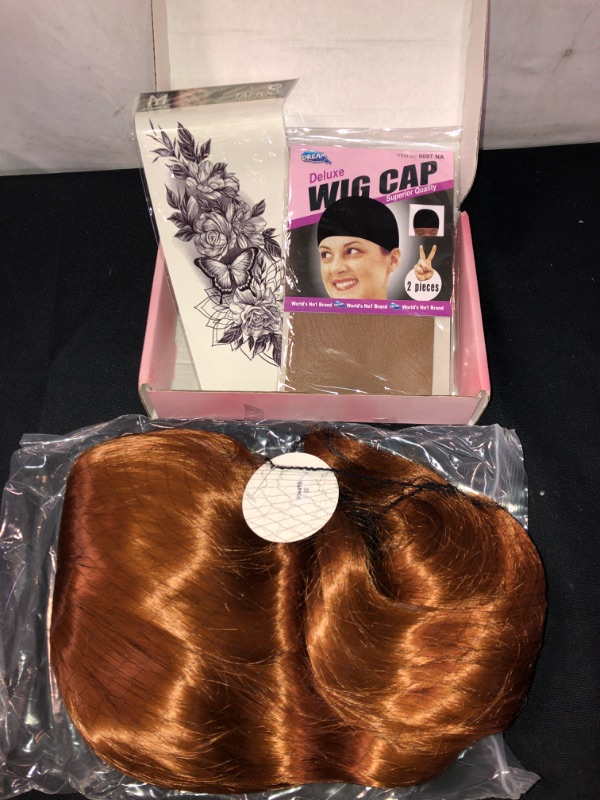 Photo 1 of CURLY BROWN COSPLAY WIG SET, COMES W/ CAP & TATTOO , STYLE\LENGTH IS UNKNOWN 
