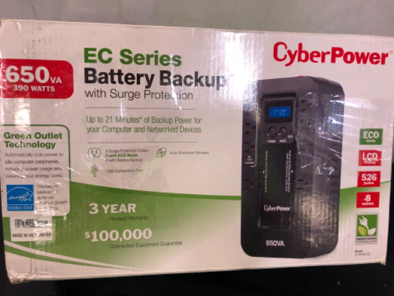 Photo 8 of CyberPower EC650LCD Ecologic Battery Backup & Surge Protector UPS System, 650VA/390W, 8 Outlets, ECO Mode, Compact Uninterruptible Power Supply