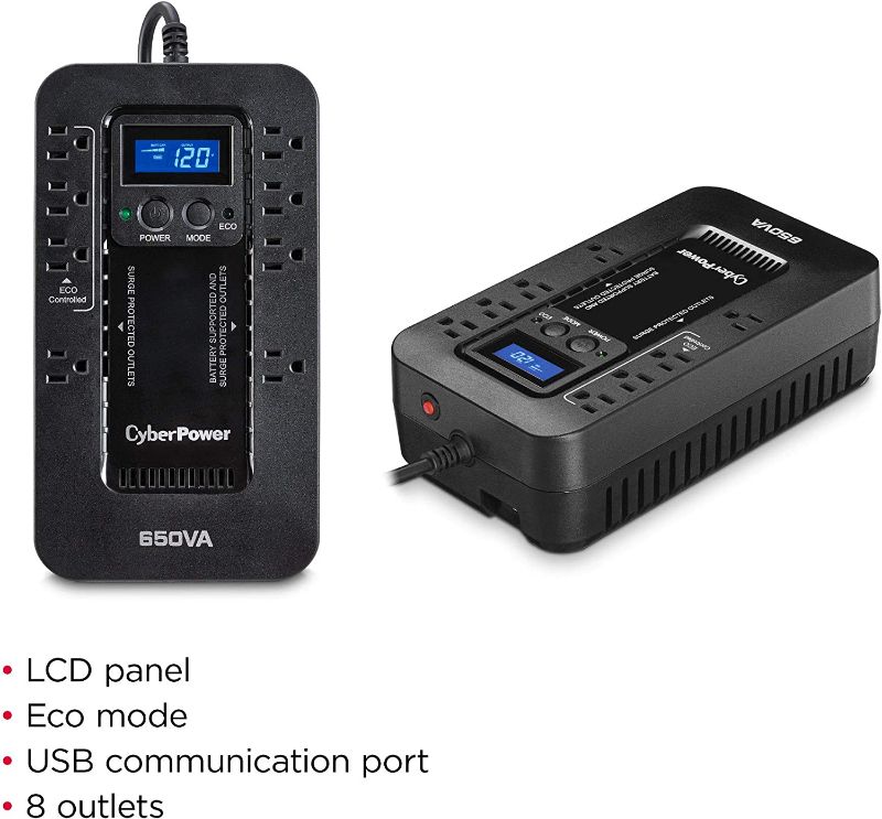 Photo 4 of CyberPower EC650LCD Ecologic Battery Backup & Surge Protector UPS System, 650VA/390W, 8 Outlets, ECO Mode, Compact Uninterruptible Power Supply