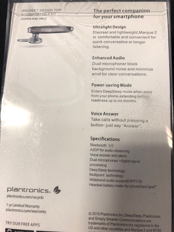 Photo 5 of Plantronics M165 Marque 2 Ultralight Bluetooth Headset Compatible with Smartphones - White