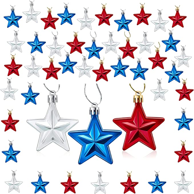 Photo 1 of 48 Pieces 4th of July Patriotic Star Ornaments Independence Day Tree Red Blue Silver Star Ornaments for Home Party Indoor Outdoor Star Hanging Decoration Christmas Tree Decor
