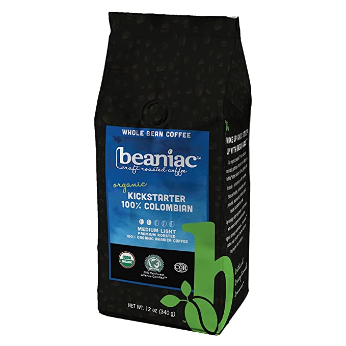 Photo 1 of beaniac Organic Kickstarter 100% Colombian, Medium Roast, Whole Bean Coffee, Rainforest Alliance Certified Organic Arabica Coffee, 12 Ounce Bag
EXP 09.29.2022