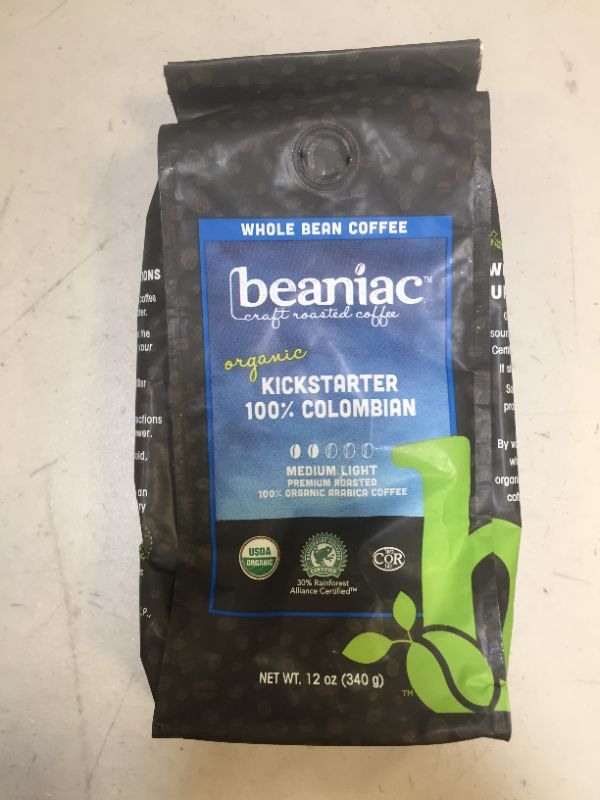 Photo 2 of beaniac Organic Kickstarter 100% Colombian, Medium Roast, Whole Bean Coffee, Rainforest Alliance Certified Organic Arabica Coffee, 12 Ounce Bag
EXP 09.29.2022