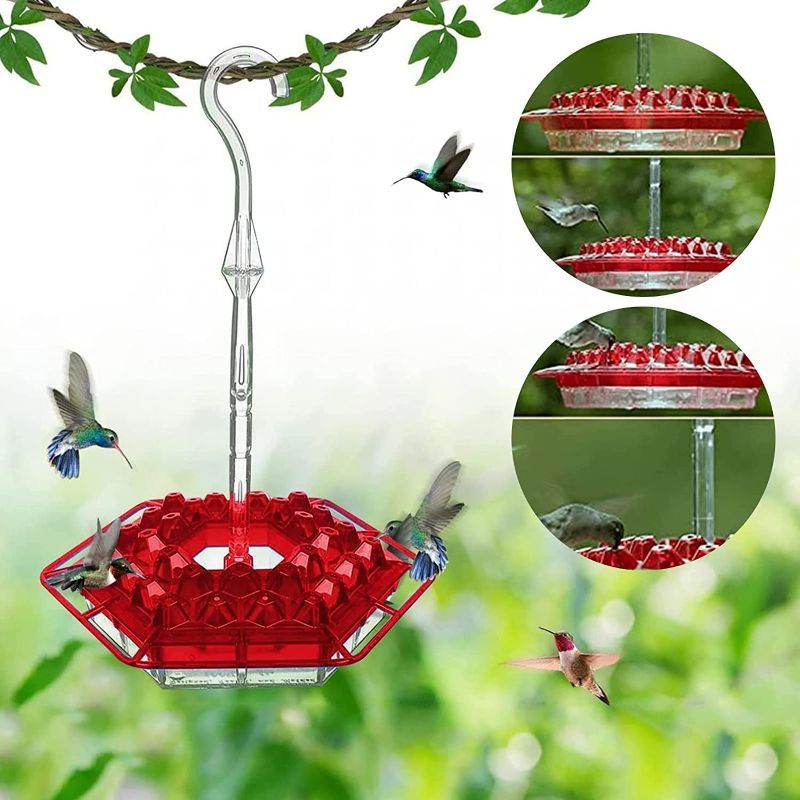Photo 2 of 2022 New Hummingbird Feeder with Ant Moat, Best Hummingbird Feeder, with 30 Feeding Ports Unique Perch and Built-in Moat for Outdoor Hanging Yard Garden Decor, Easy to Fill and Clean (red)