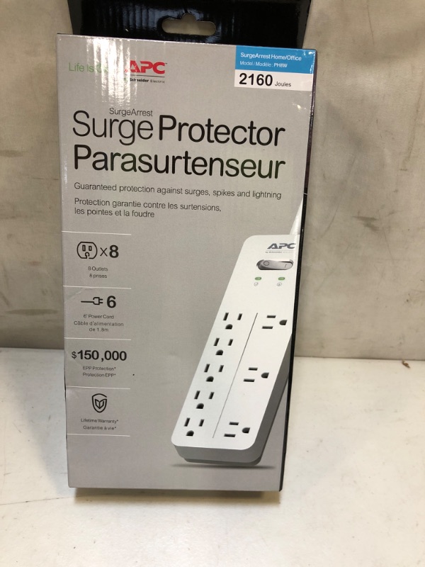 Photo 1 of APC Surge Protector, White Power Strip PH8W, 2160 Joules, Flat Plug, 8 Outlet Power Strip