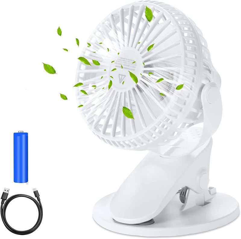 Photo 1 of Kicoeoy Battery Operated Stroller Fan, Portable USB Powered Mini Clip on Desk Fan, 3 Speeds, 360°Rotatable Quiet USB Fan Clip Fan for Stroller Carseat Baby Bed Office Outdoor Camping Bike (White)