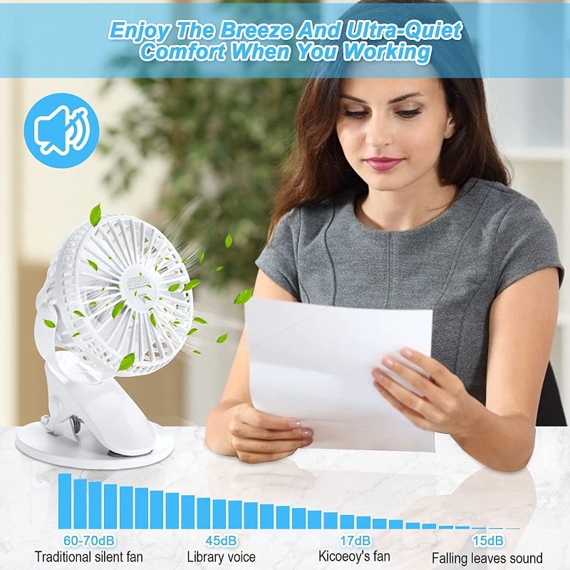 Photo 3 of Kicoeoy Battery Operated Stroller Fan, Portable USB Powered Mini Clip on Desk Fan, 3 Speeds, 360°Rotatable Quiet USB Fan Clip Fan for Stroller Carseat Baby Bed Office Outdoor Camping Bike (White)